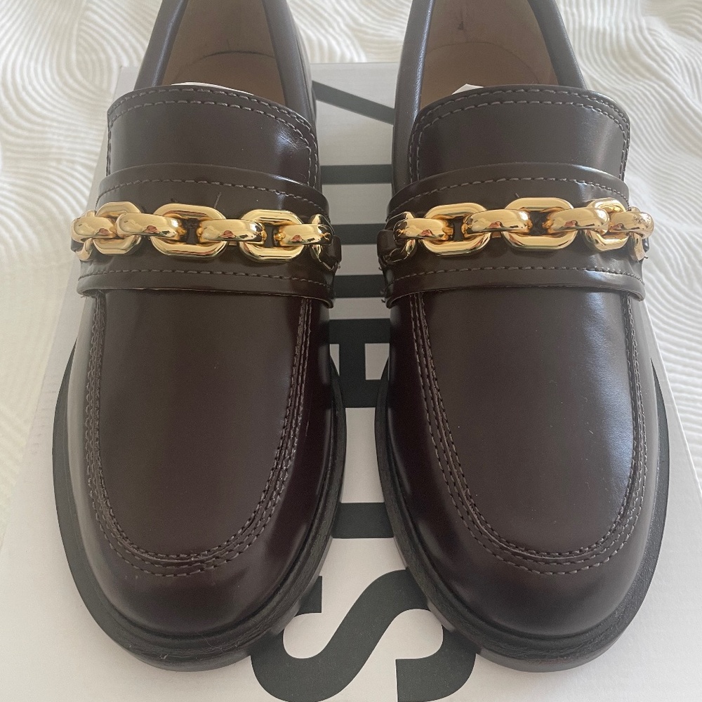 Schutz Dannie Loafers (Dark Brown with Gold Chain Detail) - Picture 2 of 9
